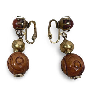 Vintage BOHO Clip On Earrings Bohemian Jewelry Drop Gold Tone Metal & Wood Beads